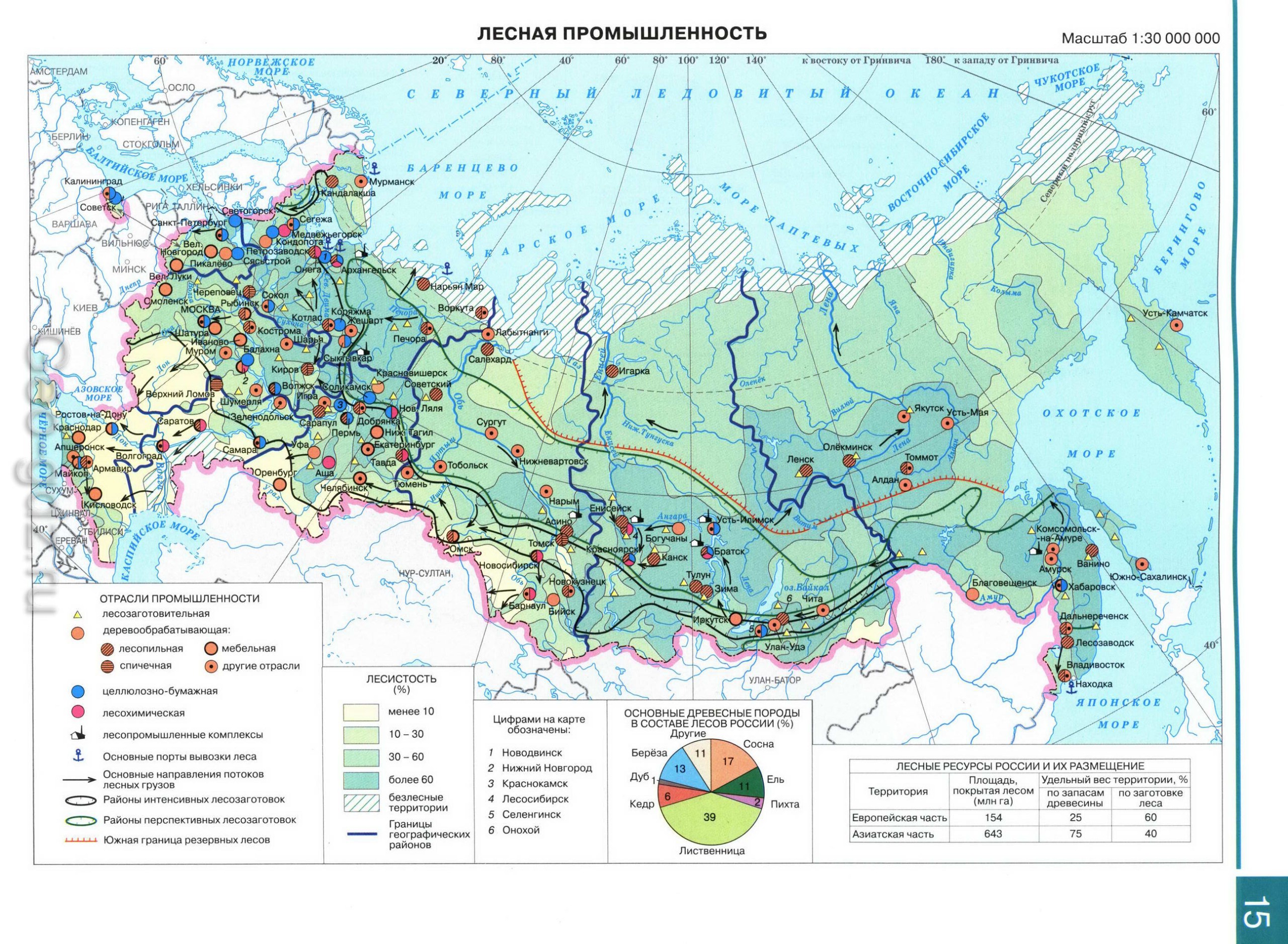 Лесная промышленность России - Атлас по географии 9 класс, издательство "Дрофа"
