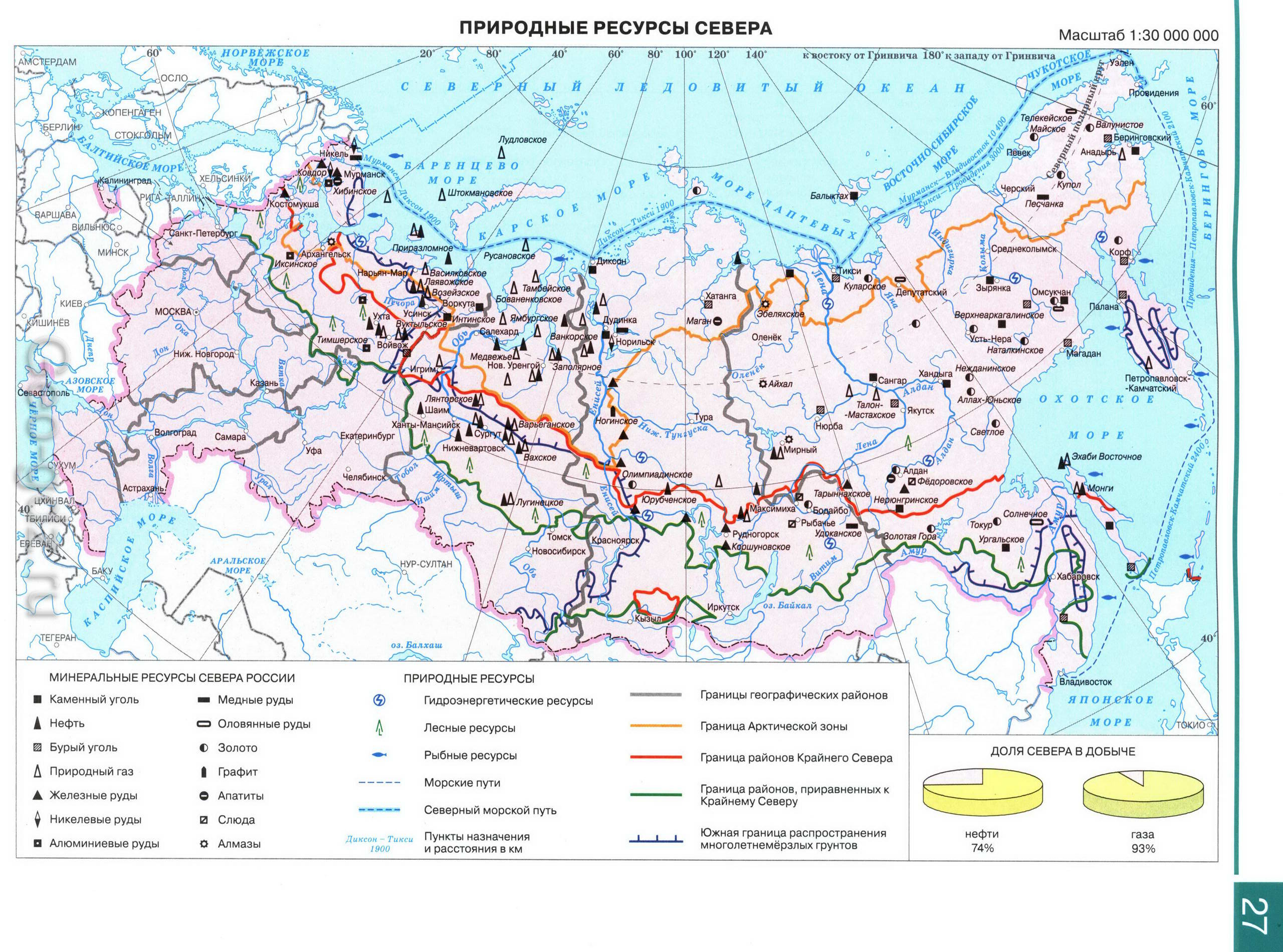 Природные ресурсы Севера России - Атлас по географии 9 класс, издательство "Дрофа"
